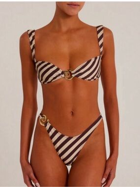 Striped Brown & Cream Bikini Set with Gold Ring Accents - Women’s Same Swim